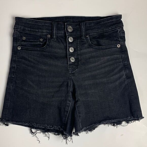 AMERICAN EAGLE black Denim shorts 2 midi next leve stretch Distressed button fly - Picture 1 of 8